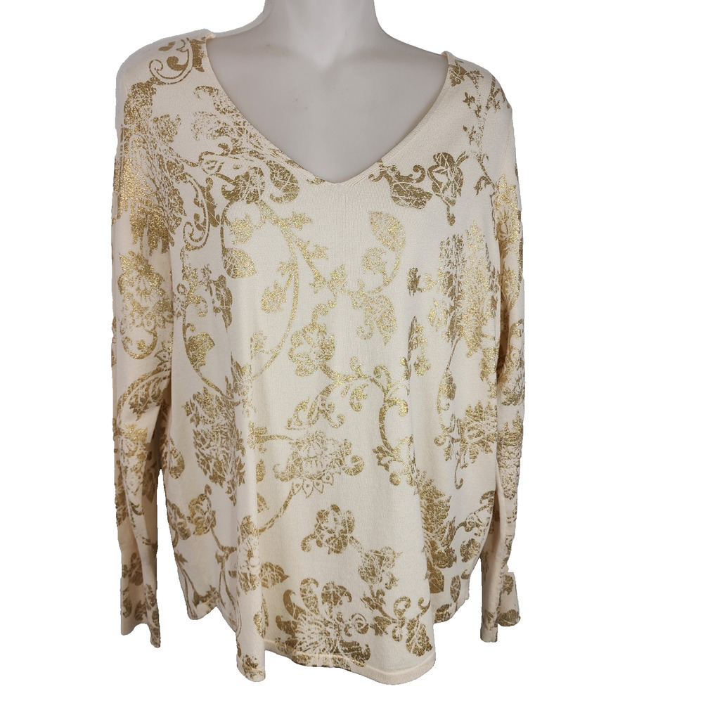 Chico's Womens Foiled V Neck Pullover Sweater Size 1 US M English Cream Feminine